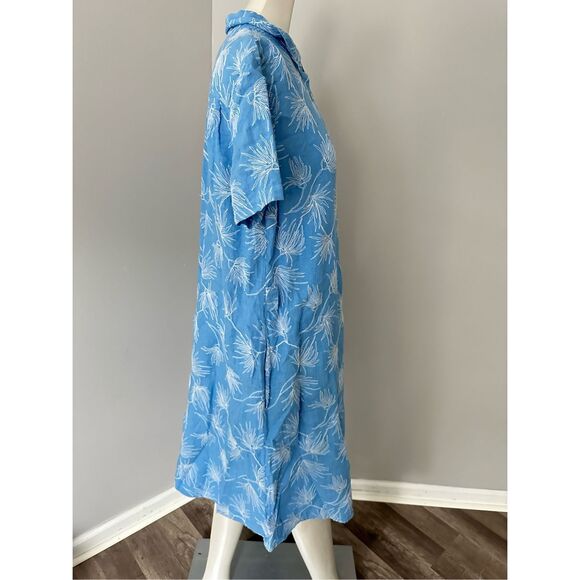 NWT 120% Lino Button Front Short Sleeve Embroidered Linen Shirt Dress Blue Sz 46 - Picture 5 of 9